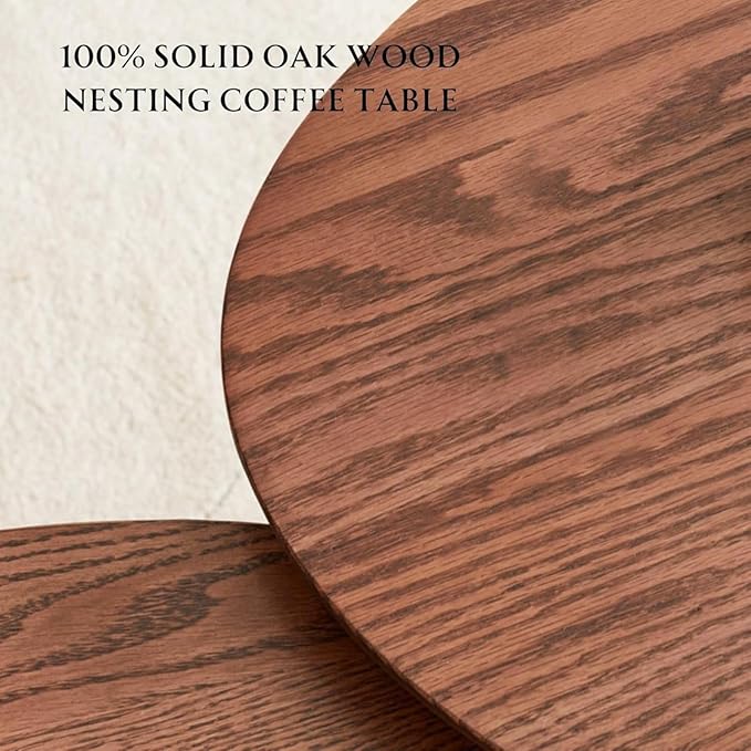 100% Solid Oak Wood Nesting Coffee Table,Mid Century Modern Oval Coffee Tables Set, Round Tables for Living Room, Pebble Side Table for Balcony (Walnut, Combine)
