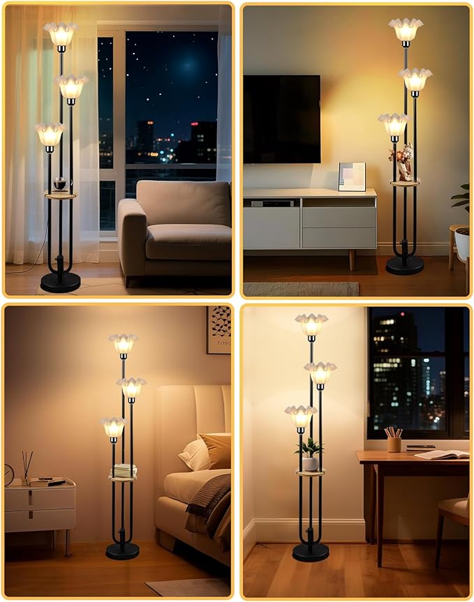 Lightdot Flower Floor Lamp for Living Room, Dimmable Vintage Floor Lamp with Shelf &3 LED Bulbs, 3 Light 3000K Soft Warmwhite Mid Century Black Standing Lamp, Floral Tall Lamp for Bedroom Office