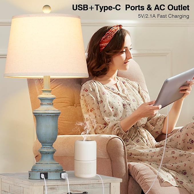 25.6" Coastal Table Lamps Set of 2 with USB C+A Ports & AC Outlet for Rustic Living Room Retro Bedroom,3-Way Dimmable Touch Lamp Bedside Lamps for Nightstand Side End Table,Retro Blue