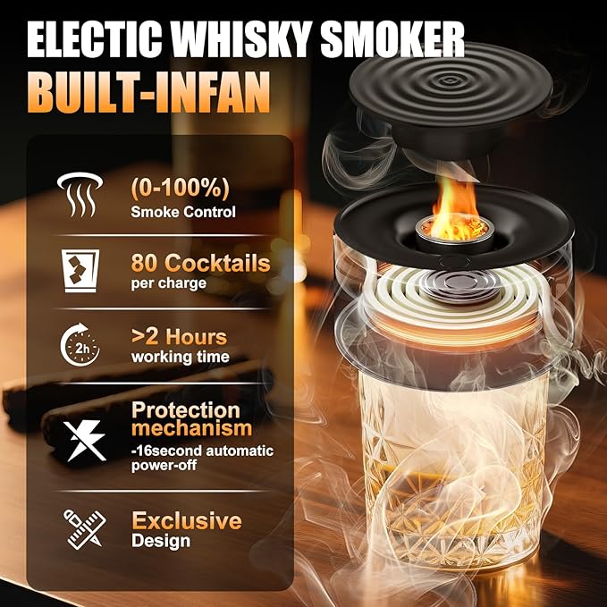 Electric Whiskey Smoker Kit Built-in Lighter, No Butane Needed, 2Ice Cubes, CleanTool, Cocktail Smoker Kit with 6 Wood Chips, Old Fashioned Drink Smoker Kit, Bourbon Whiskey Gifts for Men,Dad,Husband