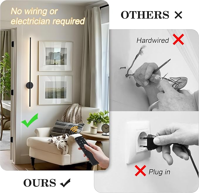 Battery Operated Modern Wall Sconces, Dimmable Wireless Wall Light Set of Two with Remote Control, 3 Color Temperatures, Rechargeable LED Wall Sconce for Bedroom, Living Room, Hallway, 39.3 Inch Black