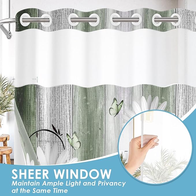 No Hook Green Daisy and Butterfly Shower Curtain with Snap in Fabric Liner Set, Rustic Farmhouse Double Layers Waterproof Fabric with See Through Top Window Open Grommet Bath Curtain 71x74 Inch