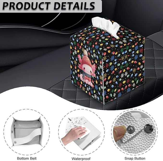 Christmas Axolotl Tissue Box Cover with Buttons Square PU Leather Tissue Facial Paper Dispenser for Night Stands, Office Desk, Bathroom Modern Napkin Facial Paper Organizer, 5.1x5.1 Inch