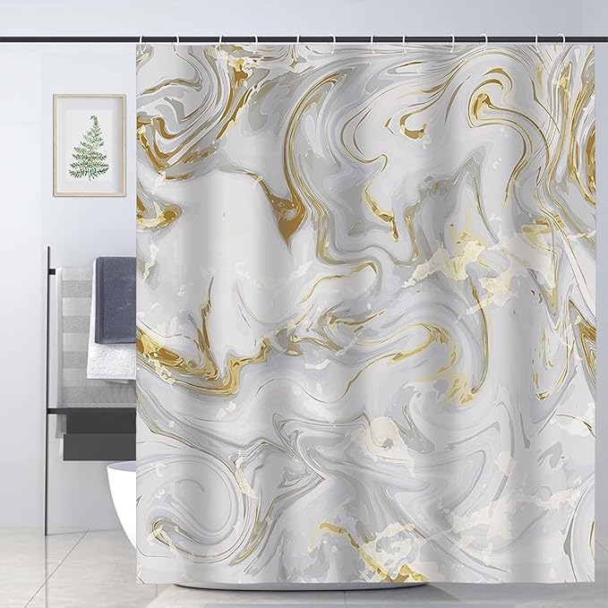 Domoku Grey Gold Marble Shower Curtain,Grey Golden Cracked Lines Abstract Modern Shower Curtain for Bathroom Decor,Waterproof Texture Washable Fabric Shower Curtain,72 X 72