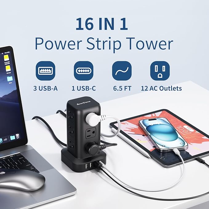 Surge Protector Power Strip 6.5 FT Cord, Power Strip Tower with 4 USB Ports (1USB C), Extension Cord with 12 AC Multiple Outlets, Home Office Supplies Desk Accessories, Dorm Room Essentials