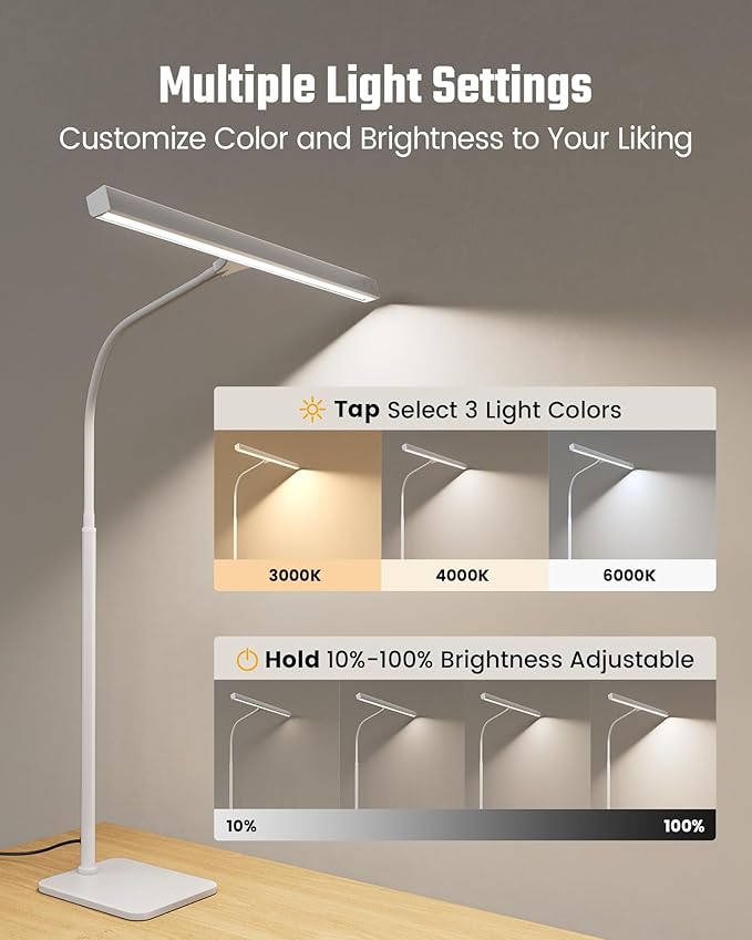 SUPERDANNY LED Desk Lamp for Home Office, Eye-Caring Desk Light with Base, 12W Touch Control 3 Colors Dimmable Brightness, Gooseneck Architect Lamp for Computer Monitor Reading Workbench, White