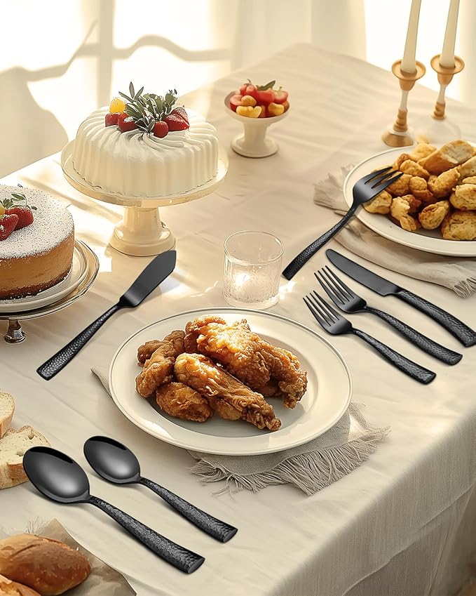 65-Piece Silverware Set with Serving Utensils, Ollex Durable Stainless Steel Black Hammered Flatware Set for 12 with Knives Forks Spoons Large Serving Utensil Set for Home Restaurant, Dishwasher Safe