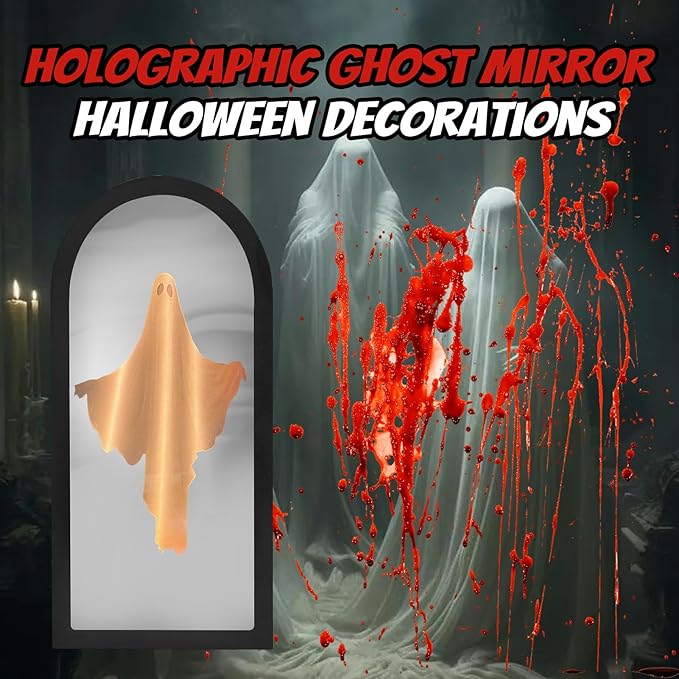 2025 Halloween Hologram Ghost Mirror - Spooky LED Indoor Decor, Scary Party Supplies, Haunted Home Accessories, Easy Install, (Plug-in, 19.68" x 9.45")