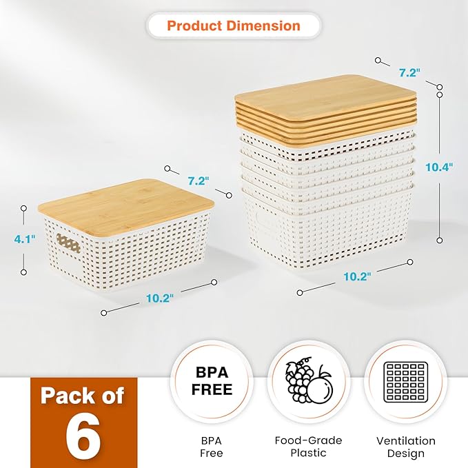 Plastic Storage Baskets With Bamboo Lid - Plastic Storage Containers Stackable Storage bins: Storage Baskets for Organizing Shelves Drawers Desktop Closet Playroom Classroom Office, 6 Pack