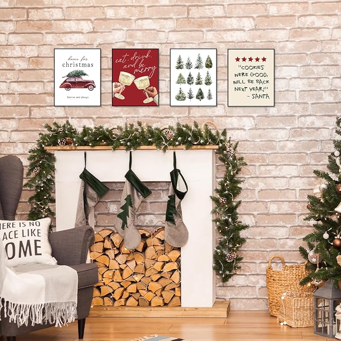 ETVISO Christmas Decor, Christmas Trees Wall Art Prints Set of 4, Retro Vintage Xmas Poster, Funny Winter Holidays Gift Print Decor for Gallery Living Room Bathroom, 8x10 (Unframed)