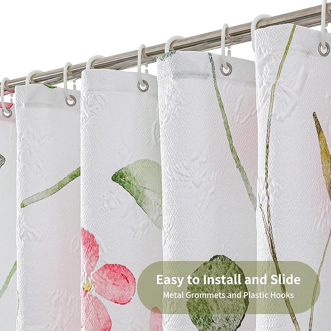 QiyI Watercolor Floral Shower Curtain, 3D Embossed Butterflies Pink Flower Bathroom Curtains, Minimalist Farmhouse Bath Curtain, Waterproof Fabric Green Leaves Shower Curtain Set with Hooks, 72x72