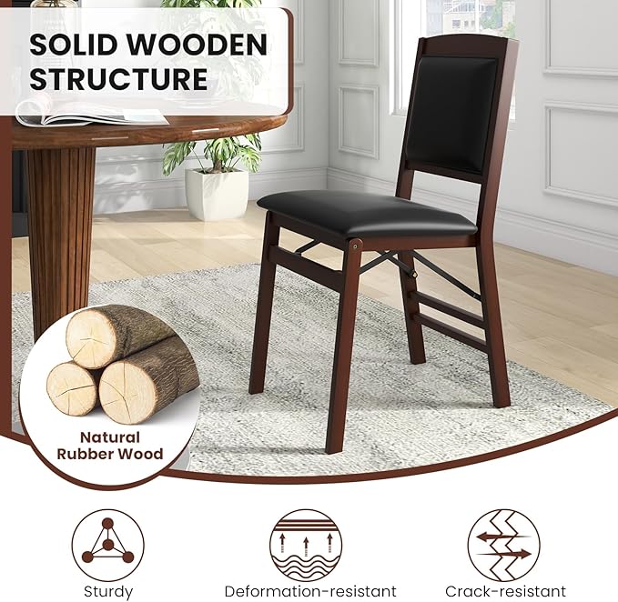 COSTWAY Folding Dining Chairs Set of 4, Wooden Kitchen Side Chairs w/Padded Seat, Solid Wood Frame, 400 LBS Load Bearing, No Assembly Needed, Vintage Foldable Chairs for Dining Room, Living Room