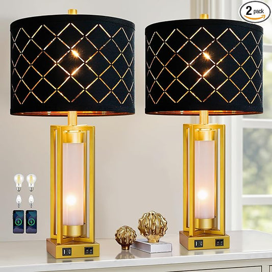 RORIANO Set of 2 Modern Table Lamps for Living Room Bedroom with USB C+A, Rustic Nightstand Lamps with White Night Light, Black Grid Shade, Desk Lamps for Bedside End Tables, 4 Bulbs Included (Gold)