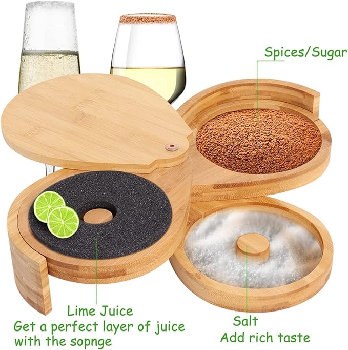 Bamboo Margarita Salt Rimmer Set - 3 Tier Glass Rimmer with Lid and 6 Sponges for Cocktails, Bar Salt and Sugar for House Party, Bloody Mary, Manhattan Drinks
