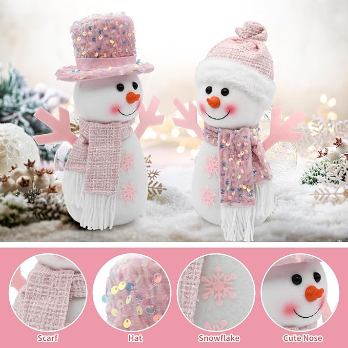 Pink Christmas Snowman Decor Indoor, 2Pcs Pastel Snowman Plush Room Decor, Winter Christmas Ideas Winter Table Centerpiece Shelf Tiered Tray Mantel Display