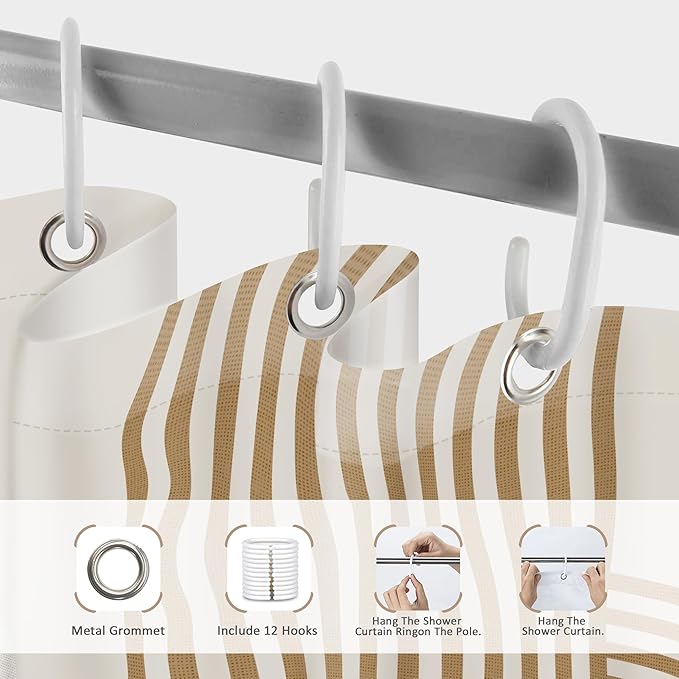 Glawry Mid Century Boho Shower Curtain Abstract Beige Stripe Geometry Arch Simple Minimalist Geometric Bathroom Modern Aesthetic 60Wx72L Inches Bath Accessories Art Home Decor Fabric 12 Pack Hook