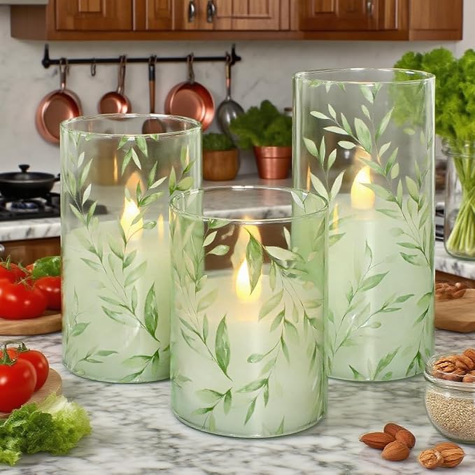 Green Flameless Candles with Remote Willow Leaf Design Battery Operated Candles - Elegant Home Christmas Summer Decor Set of 3