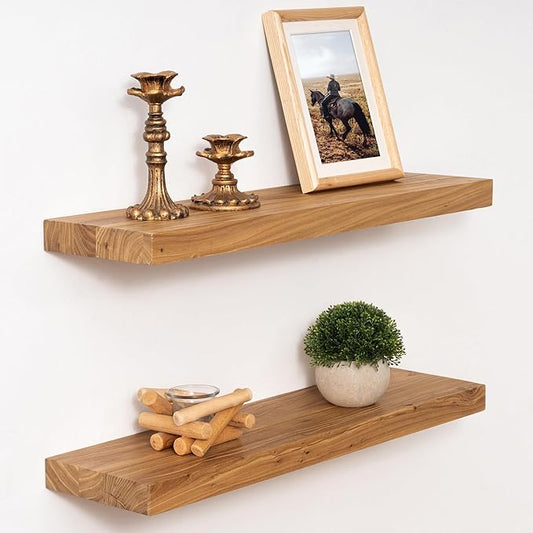 Marsmiles 24 inch Floating Shelves for Wall Solid Elm Wood Shelves|Rustic Wall Shelves with Invisible Heavy-Duty Bracket for Bathroom Living Room Kitchen|Natural, 2 Pack