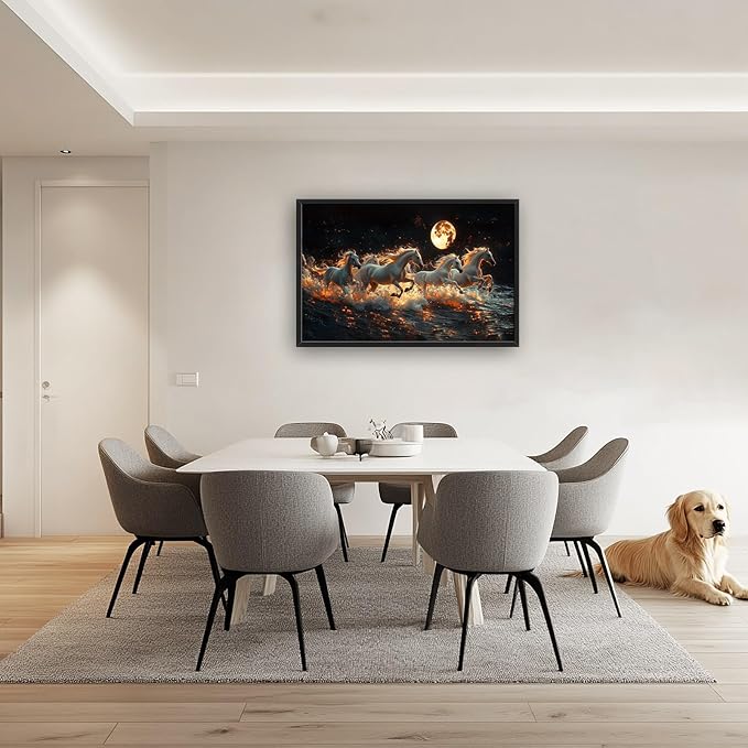 Horse Wall Art, White Horses Pictures Wall Decor, Running Animal in Moonlight Canvas Prints Painting, Large Framed Artwork for Living Room Office Bedroom Bathroom Corridor 36"x 24"