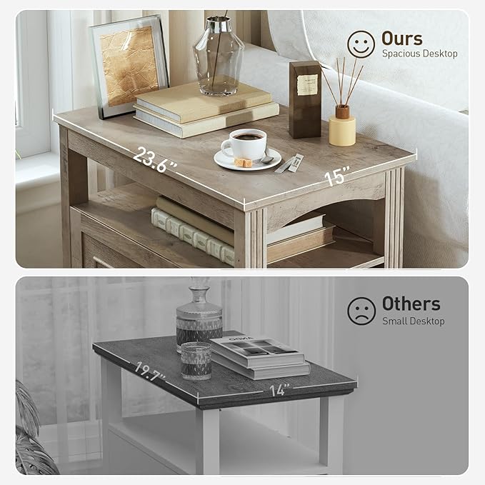 Farmhouse End Table Set of 2, Narrow Sofa Side Table with 2 Drawers and Open Shelf, Wooden Nightstand with Storage for Small Spaces, Bedroom, Living Room, Greige