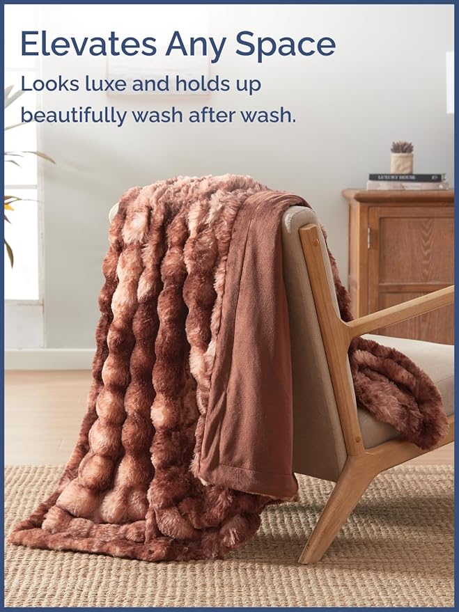 Fluffy Blanket Throw Size - Faux Fur Throw for Couch or Bed - Plush Soft Extra Thick Faux Fur Rabbit Blanket - Comfy, Fuzzy, Warm & Breathable - Luxury Minky Tie Dye Bedding - 50" x 60", Marble Brown