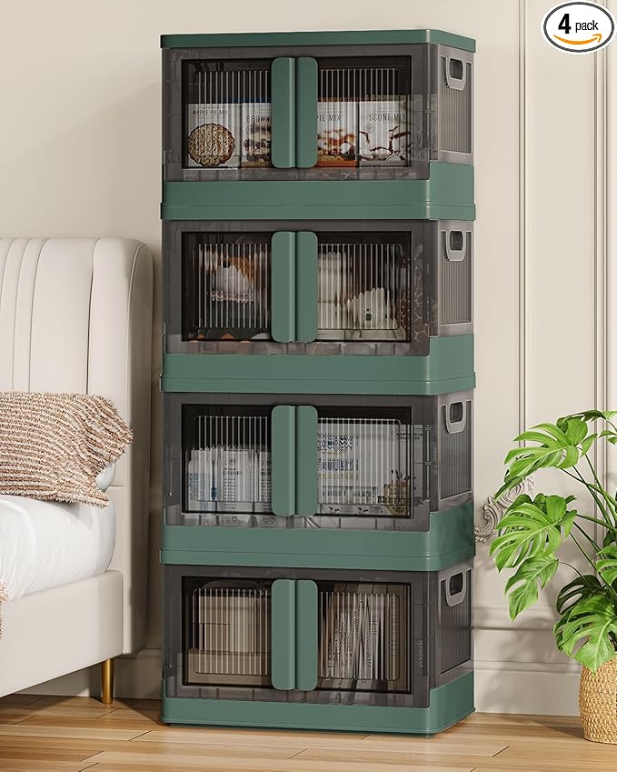 8.4Gal Collapsible Storage Bins with Lids & Wheels - 4 Pack Stackable with Doors, Heavy-Duty Plastic Containers for Home/Office, Green