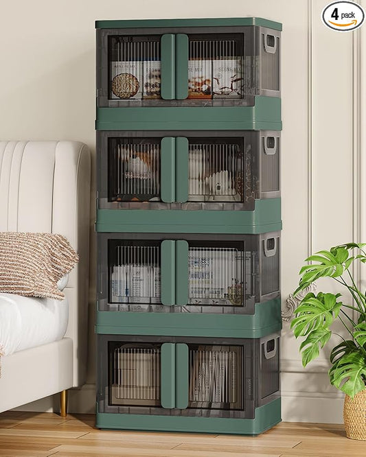 8.4Gal Collapsible Storage Bins with Lids & Wheels - 4 Pack Stackable with Doors, Heavy-Duty Plastic Containers for Home/Office, Green