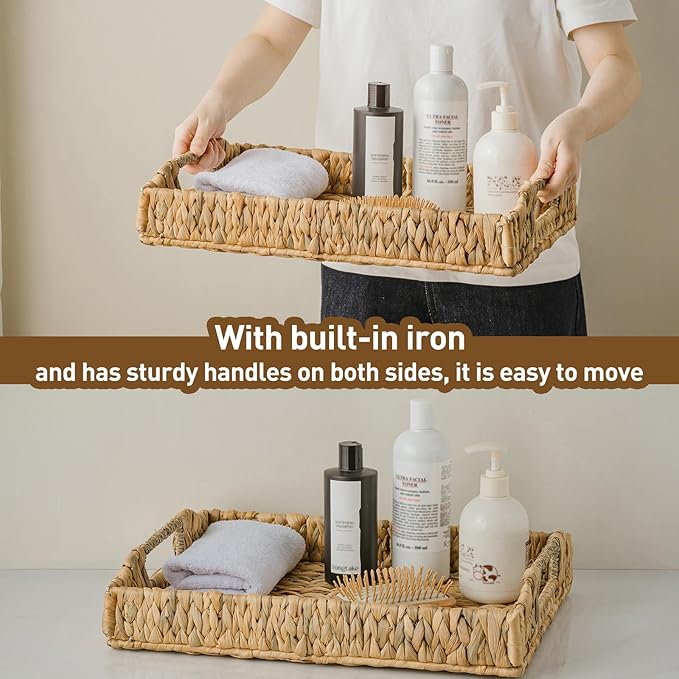 Rectangle Wicker Scalloped Serving Tray with Handles - Seagrass Handwoven Trays,Water Hyacinth Tray for Home Decor and Living Room, Dining Table, Bathroom Organizing, 16.9" L x 12.9" W x 1.96" H