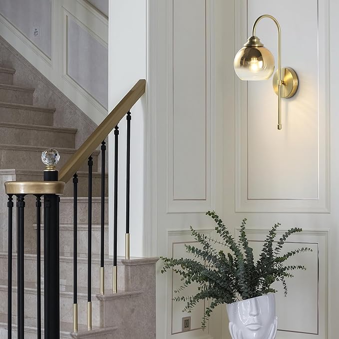 KCO Lighting Brass Wall Sconces Vintage Rose Gold Armed Sconce Mid Century Modern Long Sconces Wall Lighting Indoor Large Glass Globe Wall Sconce Bathroom Vanity Wall Light for Bedroom