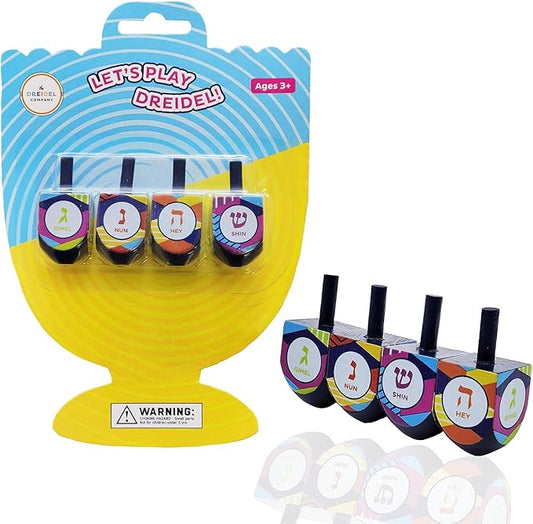 The Dreidel Company Multi Colored Hand Painted Wooden Dreidels, The Hanukkah Game, Let's Play Dreidel (4-Pack)