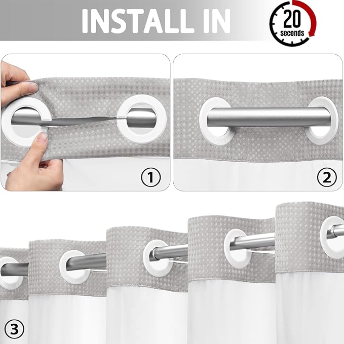 YellyHommy No Hook Shower Curtain with Snap in Liner Set Less Time Light Gray Waffle Shower Curtain for Bathroom 78" L x 72" W