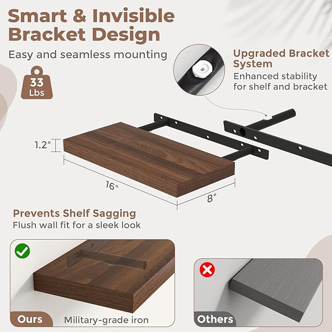 16 Inch Floating Shelves for Wall Set of 2, 8"D Wood Grain Bathroom Shelves with Invisible Brackets, Easy Install Engineered Wood Storage Shelves for Kitchen, Living Room, Bedroom, Walnut Finish