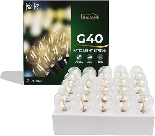 G40 26ft Indoor/Outdoor Clear LED Christmas String/Patio Lights with 25 Bulbs and E12 Base | 120V, 0.6W