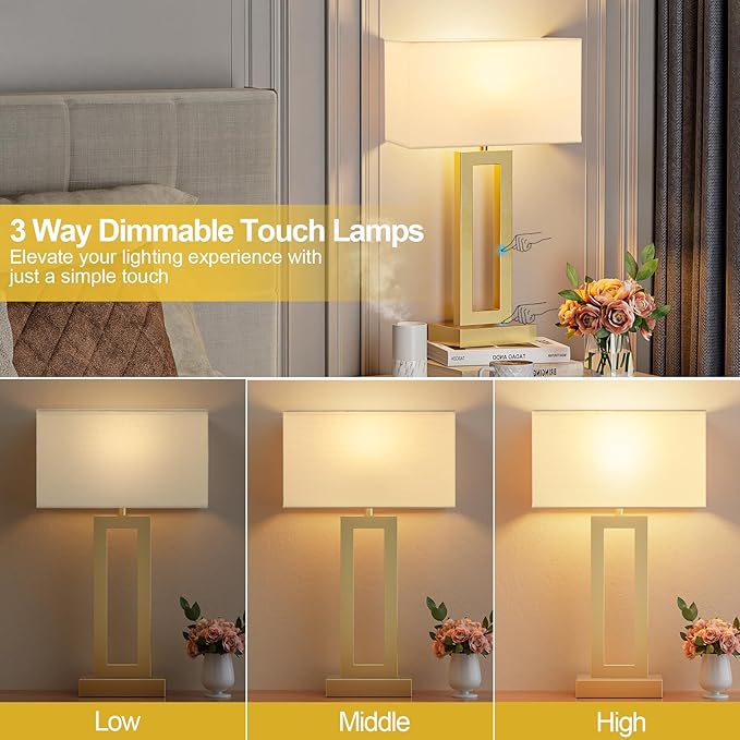 Seealle 22" Tall Bedroom Lamps for Living Room - Touch Gold Bedside Lamps with USB C+A, 3 Way Dimmable for Nightstand, Modern Night Stands for End Tables (White & Gold)