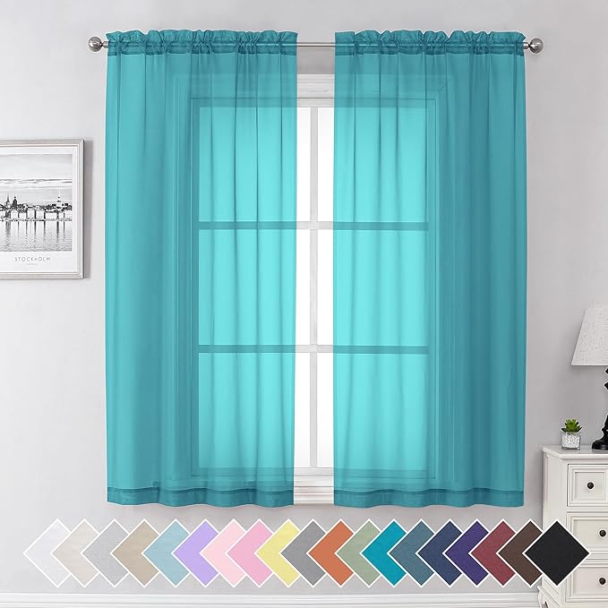 Aiyufeng Turquoise Sheer Curtains 63 Inch Length 2 Panels Set, Light Filtering Airy Rod Pocket Turquoise Window Curtain Treatment Drapes for Kitchen Bedroom Living, Each 40Wx63L Inches