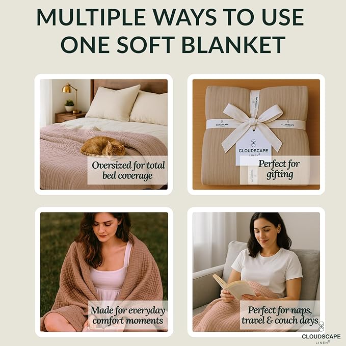 Cloud Scape Linen 100% Cotton 8 Layer Muslin Blanket Twin Size,Lightweight, Breathable Bed Blanket, Suitable for All Season, Cotton Gauze for Couch & Sofa, 68x92, Beige Fog