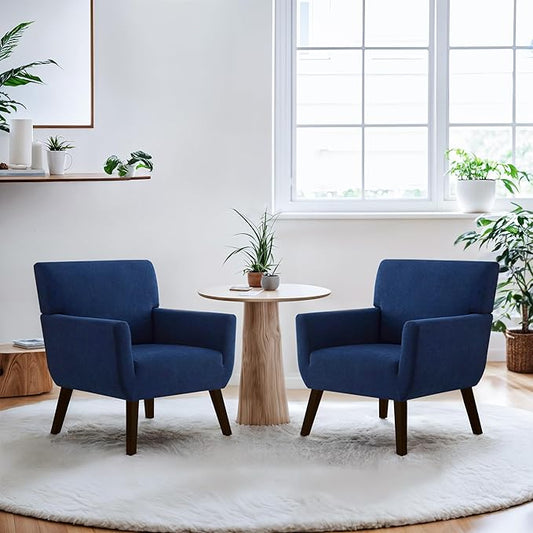Upholstered Accent Chair,Mid Century Modern Office Fabric Small Living Room Chair with Arm,Comfy Wingback Armchair for Bedroom Reading (Blue, 2 PC)