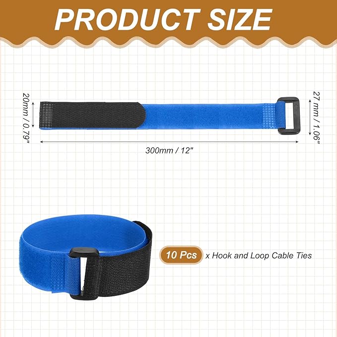 PATIKIL 12 x 0.79 Inch Reusable Cable Ties 10 Pcs Adjustable Hook and Loop Straps Cord Management Wire Wrap Cord Ties Organizer for Home Office Cables, Blue