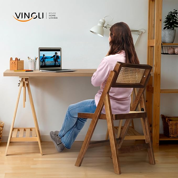 VINGLI 2 Pack Rattan Wooden Folding Chair, Dining Folding Chair with 360° Swivel Backrest, Sturdy Rubberwood Frame and Rattan Woven Seat and Back, Walnut, Set of 2