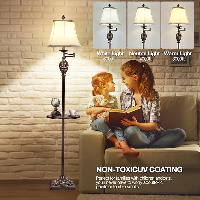 Traditional LED Floor Lamp with 350° Adjustable Swing Arm Lamp – Vintage Standing Pole lamp for Living Room, Bedroom and Office – Rustic Upright Floor Light for Home Décor with Silk Fabric Shade