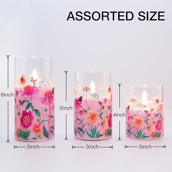 Pink Floral Glass Flameless Candles with Remote, Flickering Real Wax LED Pillar Candles Set of 3