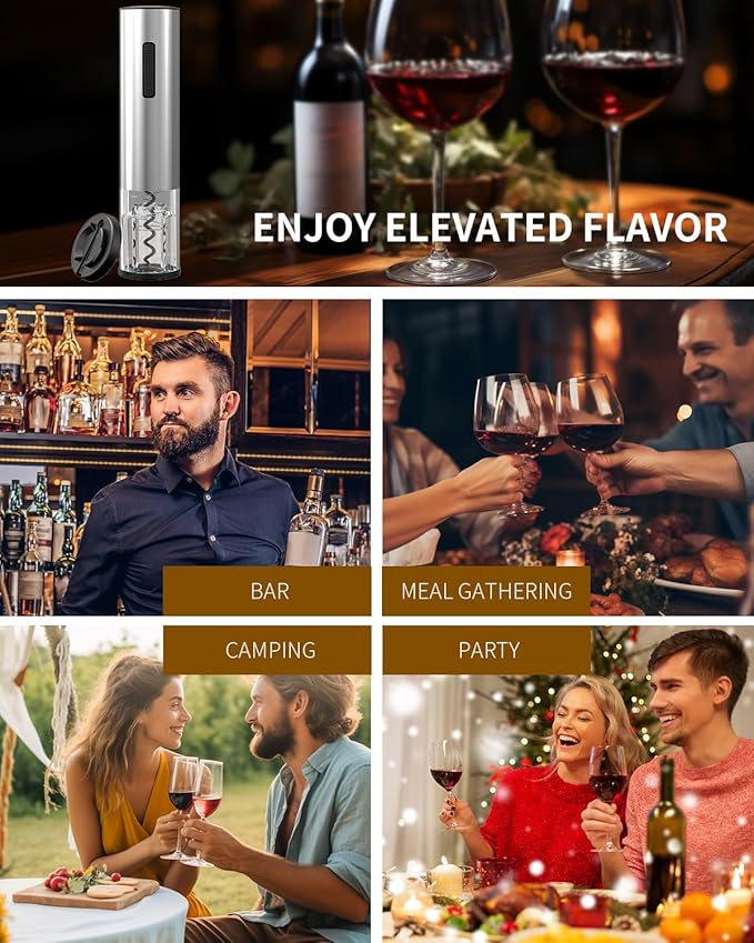 CIRCLE JOY Electric Wine Opener Rechargeable Stainless Steel Automatic Corkscrew Wine Bottle Opener with Foil Cutter, Blue Led Indicator and One-Click Button, Silver