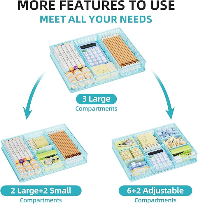 Marbrasse Desk Drawer Organizer, Metal Mesh Drawer Organizer Tray with 5 Adjustable Compartments,Desk Organizers and Accessories for Home,Office,Kitchen,Makeup,Vanity (Blue)