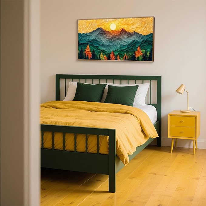 Abstract Sun Mountain Framed Canvas Wall Art Set, Forest Pine Tree Golden Sunset Wall Decor, Mixed Patchwork Landscape Art Print for Living Room, Bedroom, Dining Room, Office - 20"x40"