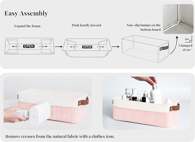 StorageWorks Narrow Storage Bins, Small Basket for Closet and Shelves, Fabric Organizer with Handles, Toilet Paper Storage, Pink and White, 2-Pack