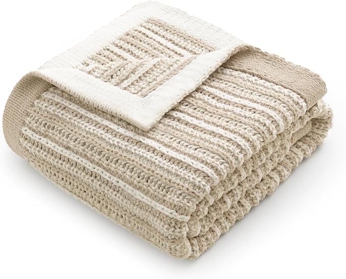 Amélie Home Striped Knit Throw Blanket for Couch, Dual-Sided Soft Chenille Decorative Blankets for Sofa & Chair, 50"x60", Khaki & White