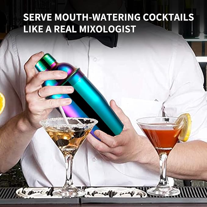 24oz Cocktail Shaker Bar Set, Martini Shaker with Built-in Strainer, Measuring Jigger, Mixing Spoon, Professional Stainless Steel Large Bartender Drink Shaker Margarita Alcohol Mixer-Rainbow