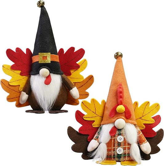 CRCZK Turkey Fall Gnome, Thanksgiving Gnome Decorations, 2Pack Handmade Swedish Tomte Gnomes with Maple Leaves Wings Harvest Gnome Plush Scandinavian Figurine Nordic Gnomes Holiday Decor Gifts