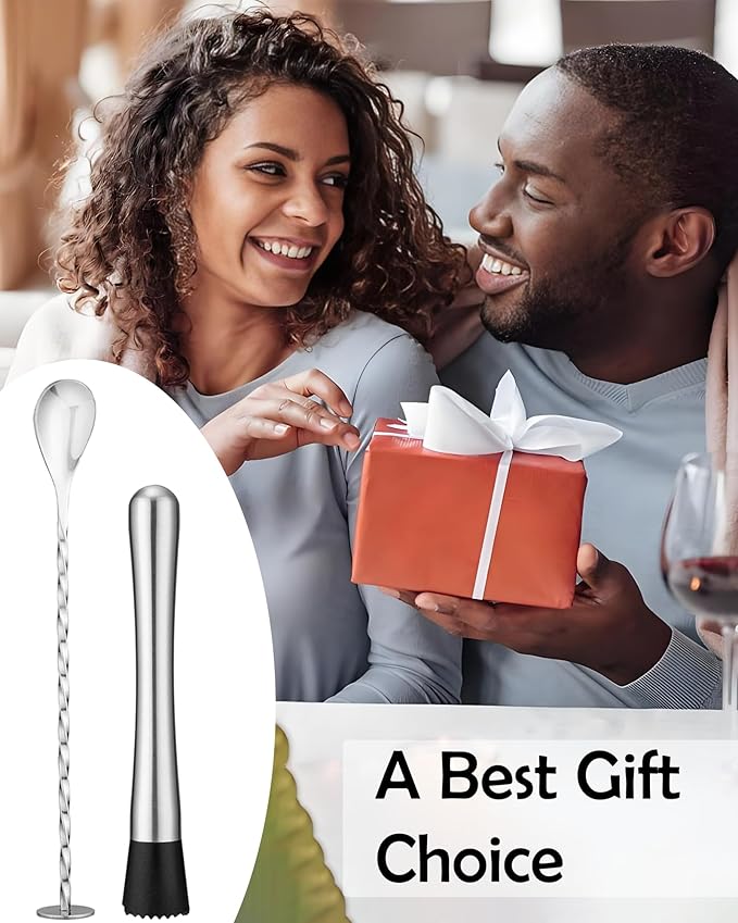 Stainless Steel Cocktail Muddler & Mixing Spoon Set — 10 Inch Bar Tool Kit for Home Bartenders, Ideal for Mojitos, Margaritas, Mint & Fruit Cocktails, Silver