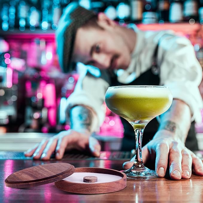 6 Pcs Margarita Salt Rimmer Set Glass Rimmer with Lid Home Bar Accessories Plate for Sugar Drinks Cocktails Bartender Tool Kit Party Restaurant, 5.9" Diameter (Acacia Wood)